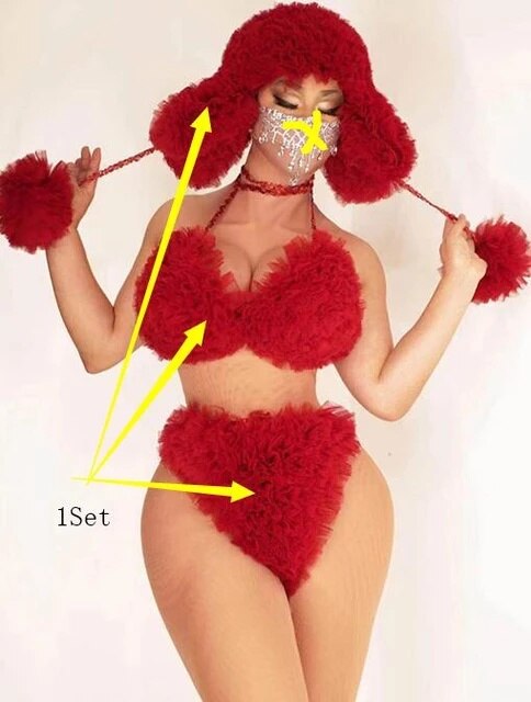 Nightclub Party Rave Festival Show Sexy Red White Mesh Bikini Cap Outfit Women DJ Singer Dancer Pole Dancing Performance Costume