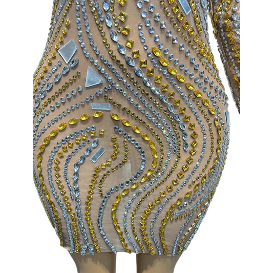 Sexy Transparent Mesh Gold Silver Rhinestones Short Dress