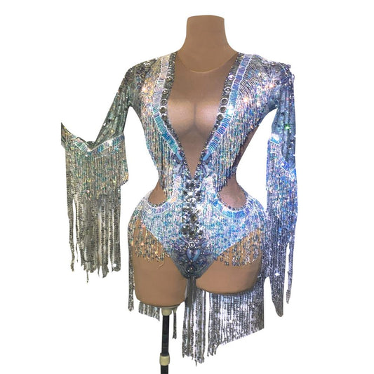 Sparkling Silver Rhinestone Sequin Tassel Party Bodysuit