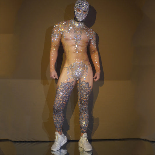 Sexy Rhinestones Rompers Muscle Man Nude Print Jumpsuit