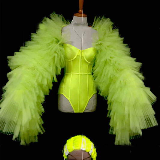 Fluorescent Green Bodysuit Lace Cake Sleeves Sets