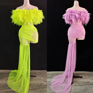 2 Pieces Fluorescent Green Tube Top Stacked Yarn Dress