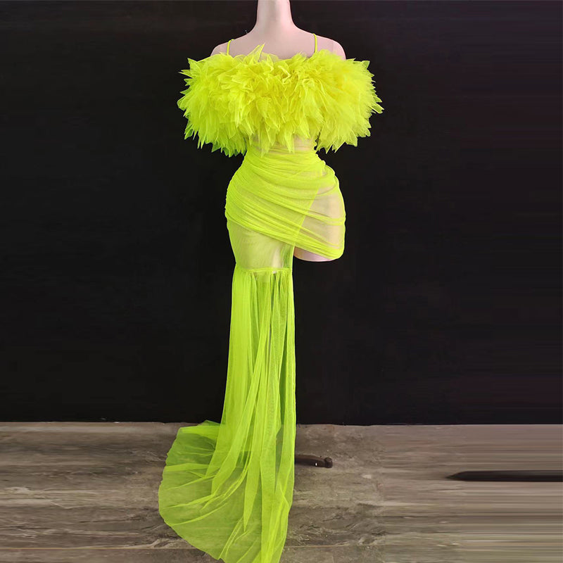 2 Pieces Fluorescent Green Tube Top Stacked Yarn Dress