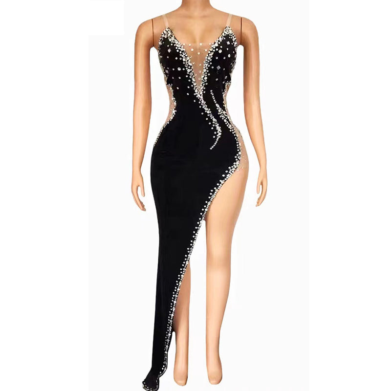 Sparkly Black Sleeveless Rhinestone Dress Beveled Slit Dress