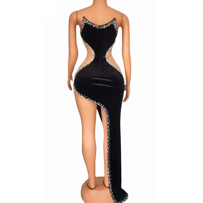 Sparkly Black Sleeveless Rhinestone Dress Beveled Slit Dress