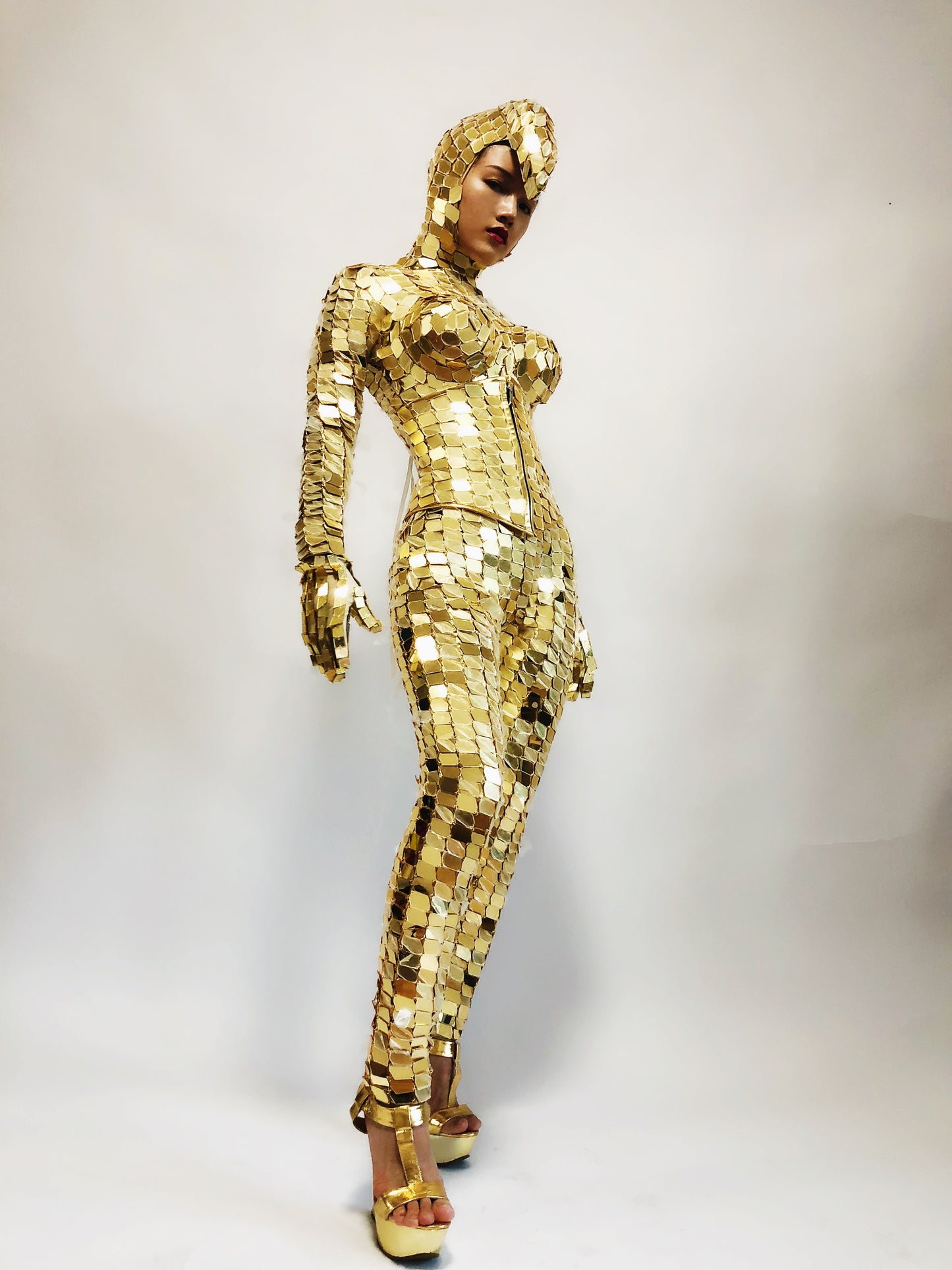 Woman Gold Mirror costume jumpsuit club party Mirror Suit