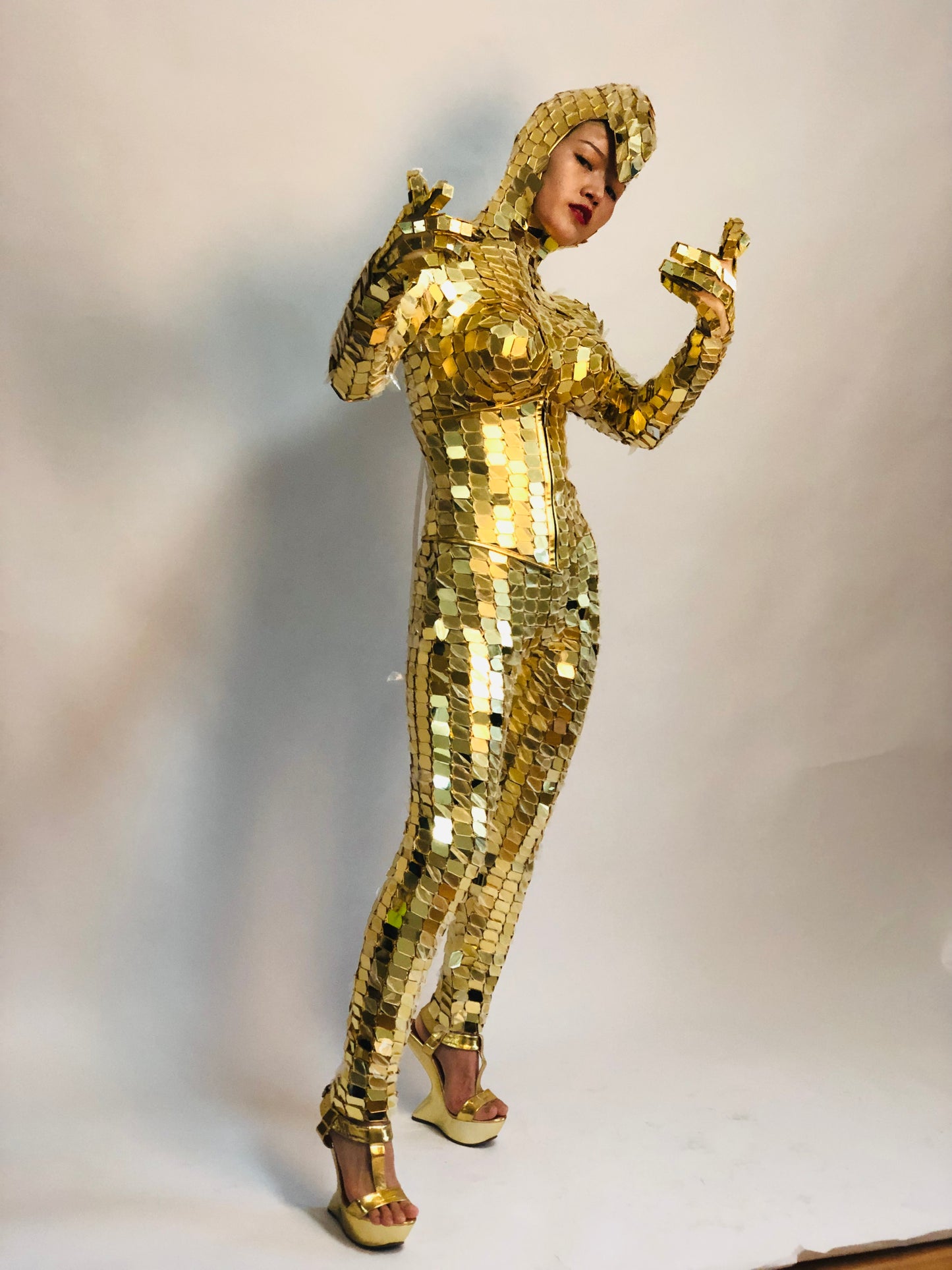 Woman Gold Mirror costume jumpsuit club party Mirror Suit