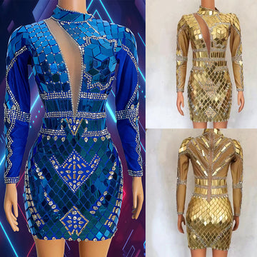 Vestido corto con borlas de espejo plateado intermitente