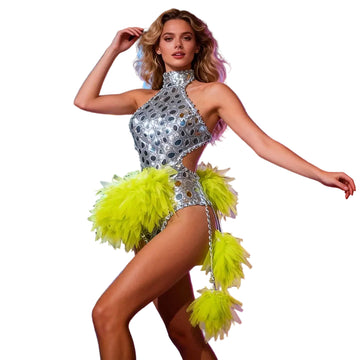 Sparkling Sequin Backless Bodysuit with Gauze Skirt Womens Stage Dance Costume for Club Bar Performance Party