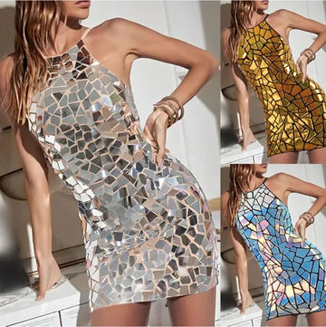 Laser Mirror Sequin Strapless Gown Model Singer Stage Show Banquet Drag Halloween Party Dress