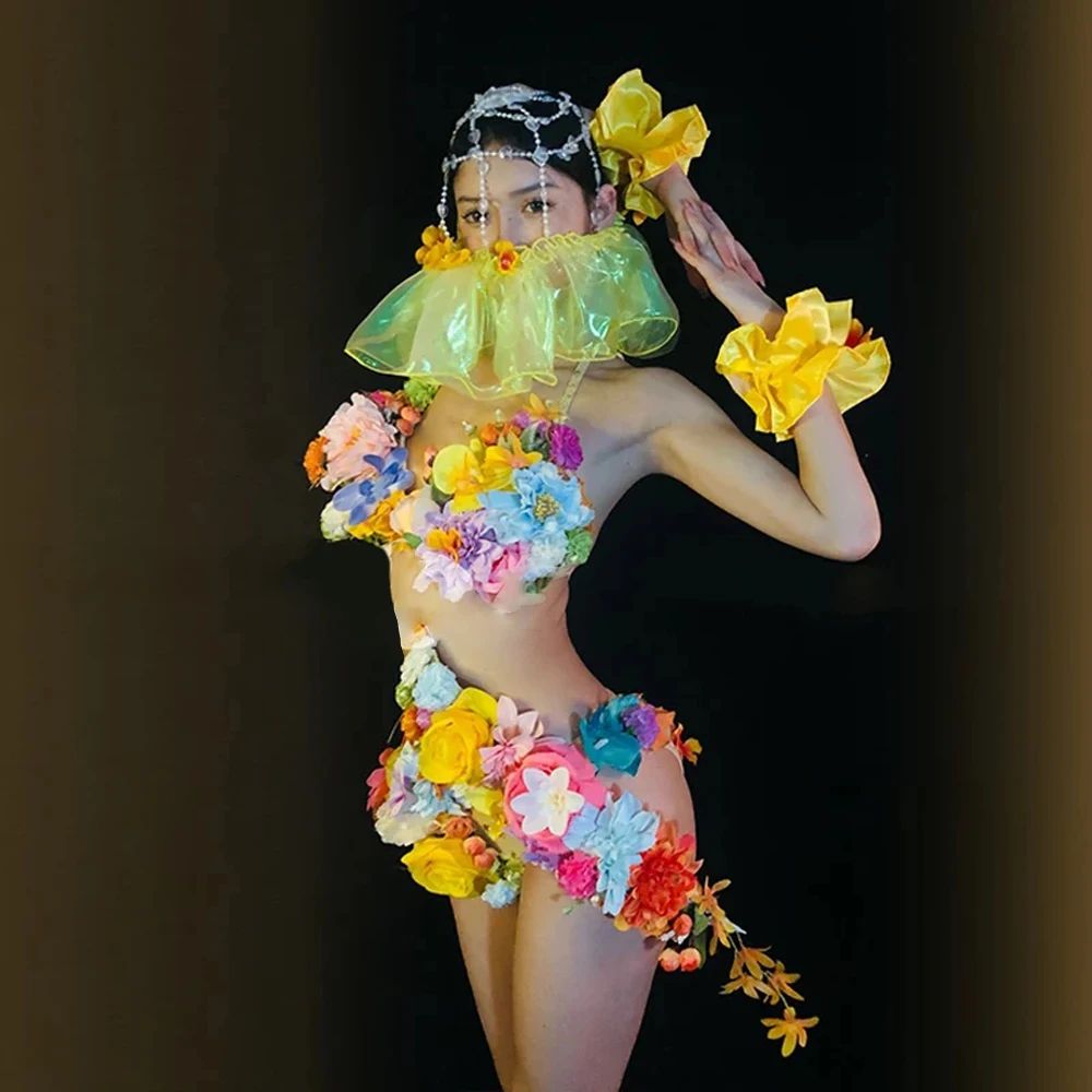 Women Dancer Show Stretch Stage Costume Outfit Evening Prom Party Biniki Sexy Colorful Big Flowers Transparent Bikini