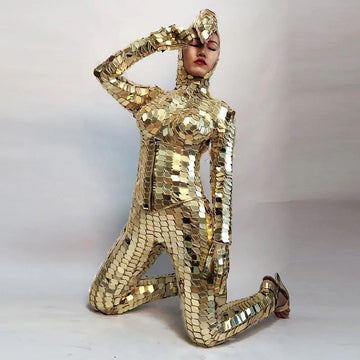 Women's Gold Mirror Sequin Festival Jumpsuit Disco Reflective Club Wear LED Nightlife Dance Costume Stage Performance Party Outfit