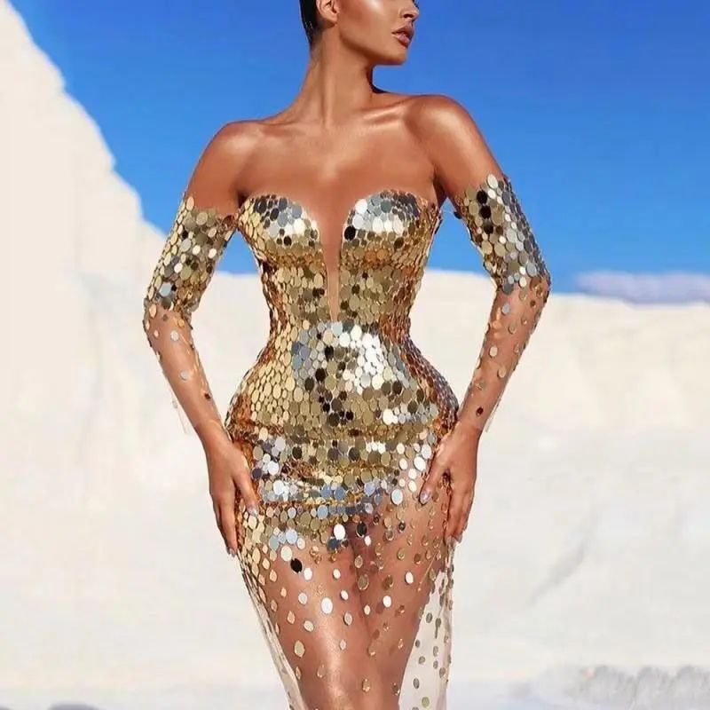 Luxury Gold Mirror Off-Shoulder Beaded Mermaid Evening Dress for Women Sparkly Long Sleeve Sexy Girl Attire