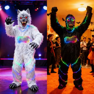 LED Color-Changing Chimpanzee Plush Jumpsuit Adult Faux Fur LED Creature Costume Halloween Cosplay Outfit Complete Set