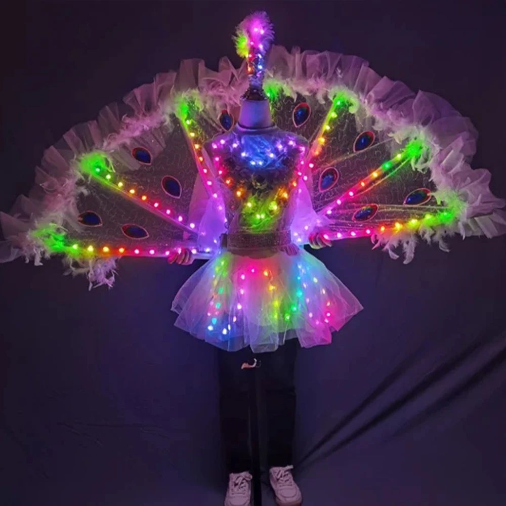 Full Color Illuminated Peacock Costume LED Wings and Ballet Skirt for Stage Catwalks and Glamorous Events