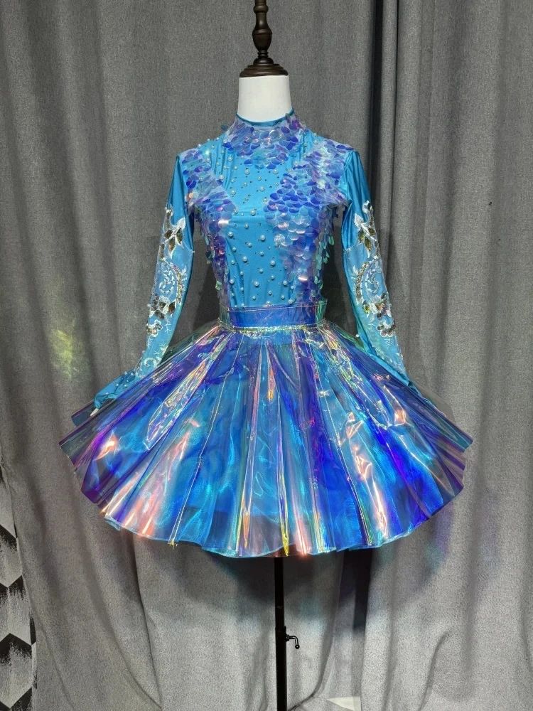 Women's Sequin Top Laser Cut Sky Blue Jazz Dance Costume for Group Halloween Festival Party Nightclub Stage Performance