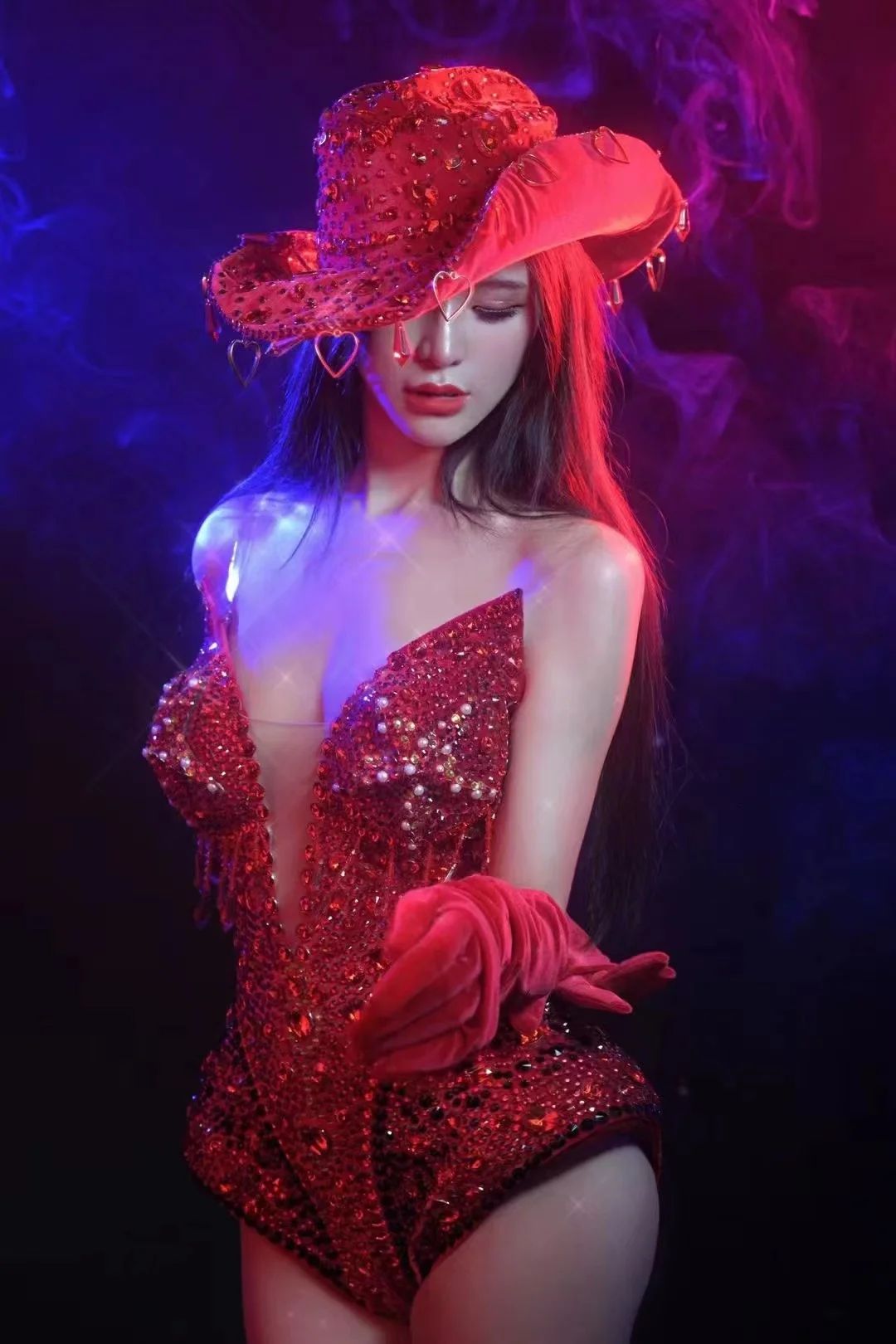Red Silver Rhinestone Full Body Jumpsuit Set with Gloves and Hat for Club Party Performance