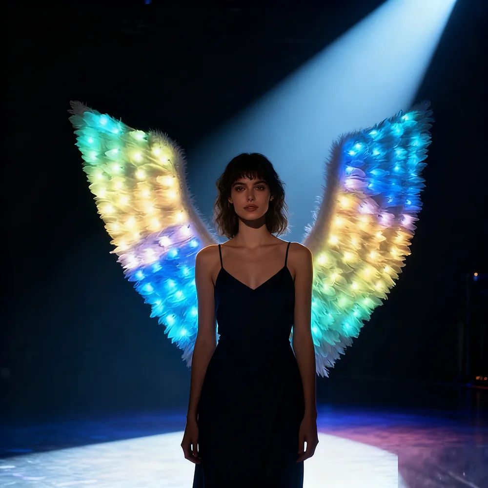 LED Glowing Feather Wings Adult Angel Fairy Costume Accessories for Christmas Party Stage Performance Light up Props