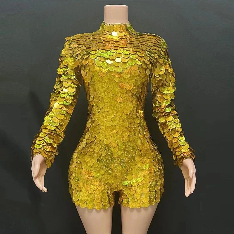 Shining Blue Laser Long Sleeve Sequin Bodysuit Contemporary Dance Competition Dress Women Stage Performance Costume Vestido de Baile