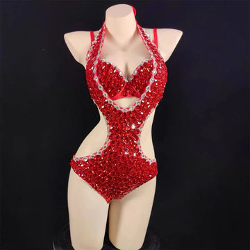 Sexy Rhinestone Bodysuit Women's Sparkling Leotard One-Piece Dress for Club DJ Stage Performance