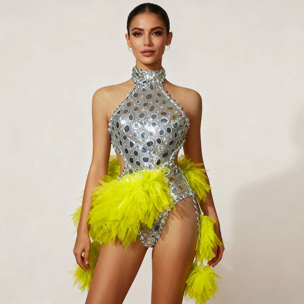 Sparkling Sequin Backless Bodysuit with Gauze Skirt Womens Stage Dance Costume for Club Bar Performance Party