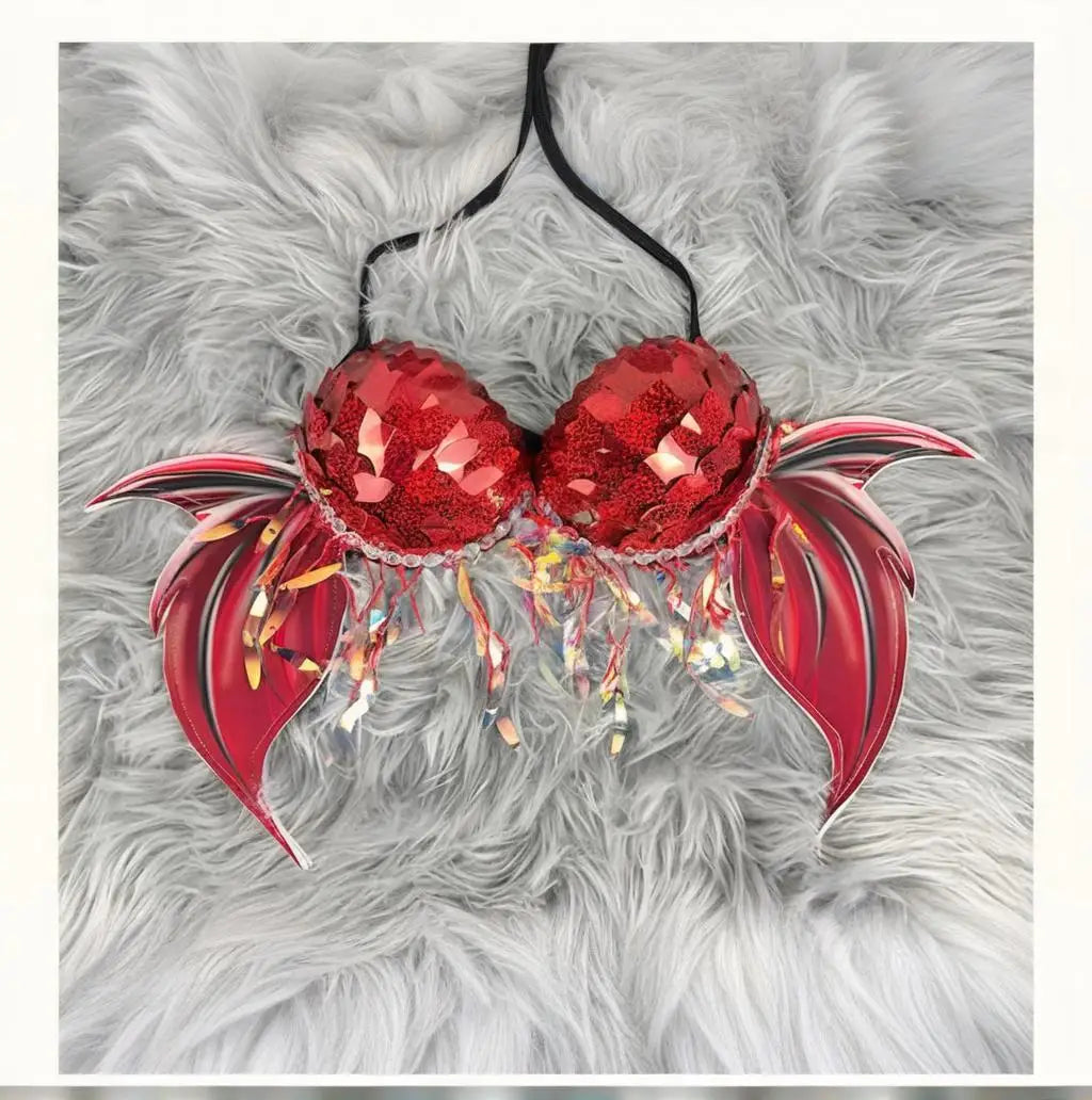3D Scaled Wing Sequin Bikini Mermaid Bustier Fishtail Tank Performance Outfit Trainer Bra