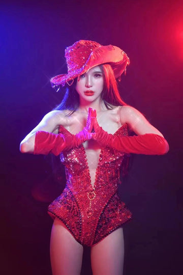 Red Silver Rhinestone Full Body Jumpsuit Set with Gloves and Hat for Club Party Performance