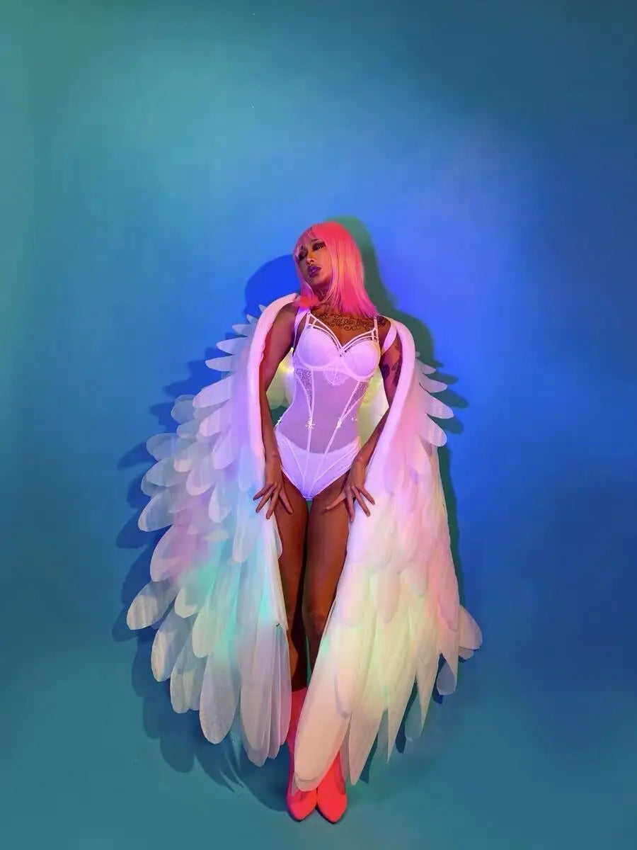 LED Light up Feather Wings Costume for Adults Halloween Angel Fairy Wings Stage Performance Prop Wedding Photoshoot