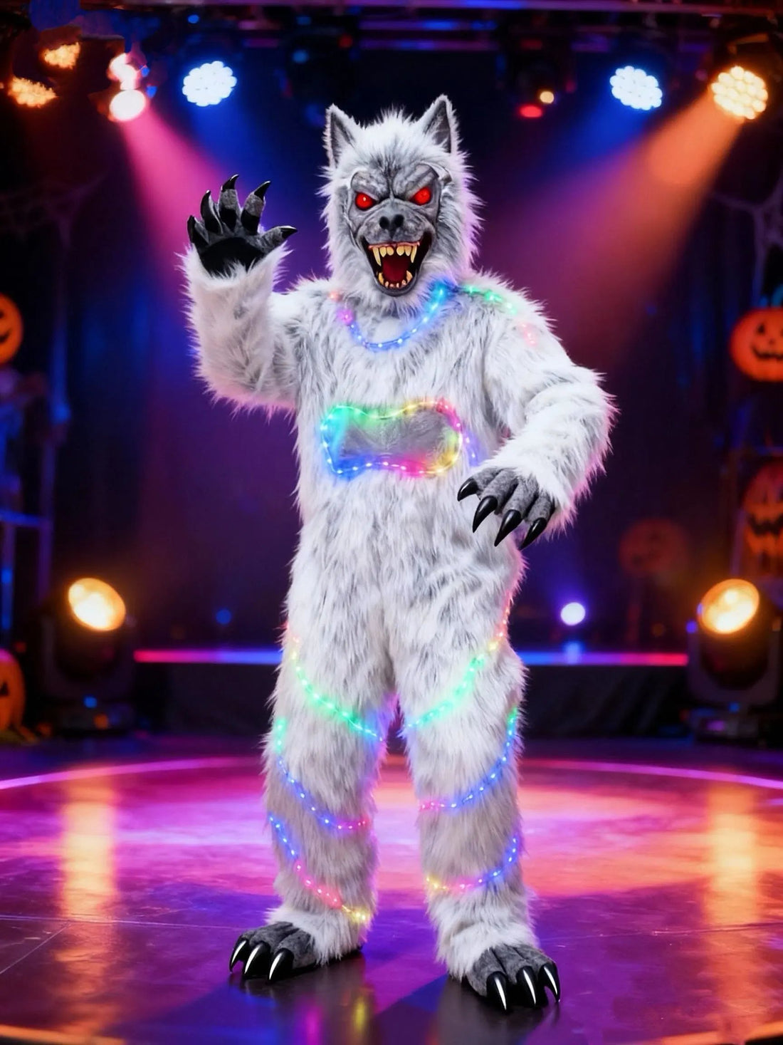 LED Color-Changing Chimpanzee Plush Jumpsuit Adult Faux Fur LED Creature Costume Halloween Cosplay Outfit Complete Set