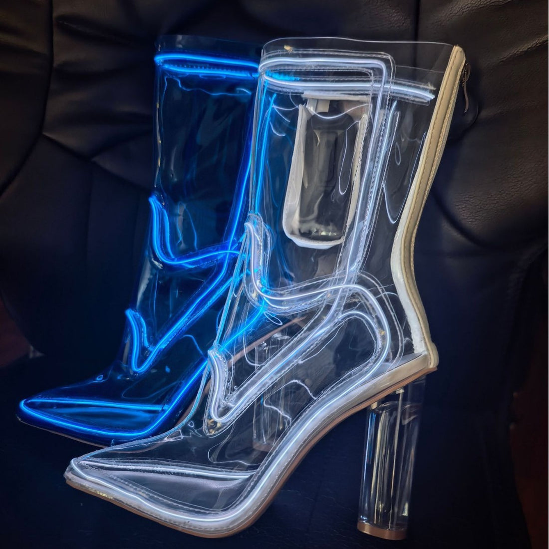 Y2K Glow Clear Heel Boots for Women, Luminous Fiber Optic Cowgirl Boots with Neon Lights, Transparent Stiletto Block Heel Pointed Toe Dress Boots for Nightclub Photo Prop