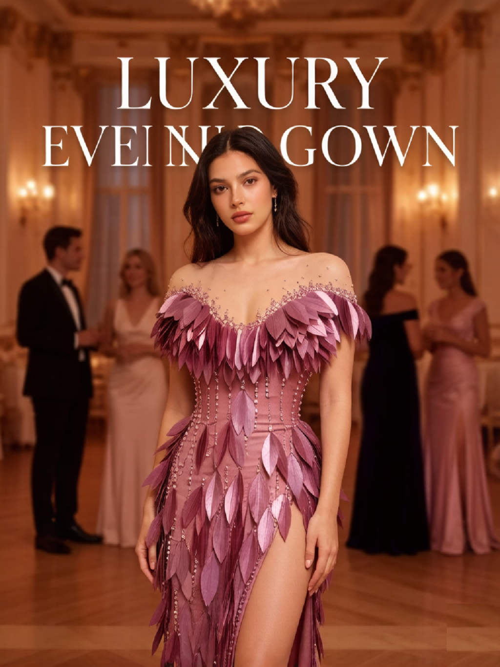 Designer-Inspired Formal Gown for Women, 3D Petal Feather Details, Elegant High Slit Evening Dress for Special Occasions
