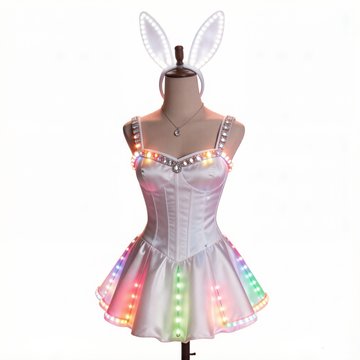Women's LED Light-Up Corset Mini Dress, Glow in the Dark Rainbow Iridescent Sleeveless Party Dress for Rave, Festival, Halloween & Nightclub
