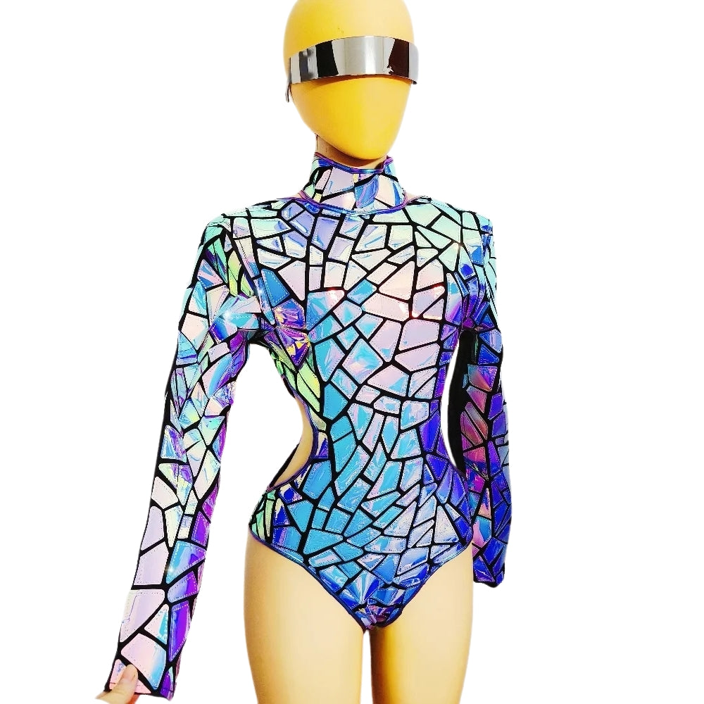 Purple Mirrors Bodysuit Cutout Strap Gogo Costume Women Dancer Jazz Dance Leotard Nightclub Party Sexy Performance Stage Wear