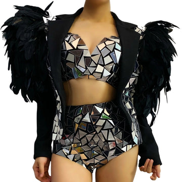 New Female Black Feather Costume Women Mirror Coat Sexy Performance Clothing Bikini Nightclub Dancing Outfit Entertainment Event