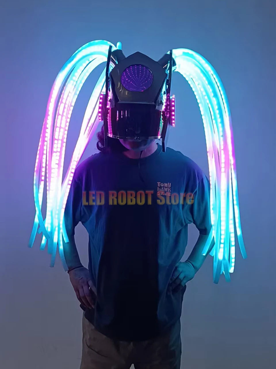 Double Ponytail Mask Glow-in-the-Dark Helmet LED Color-Changing Cosplay Robot Helmet Stage Dance Nightclub Bar Performance Party