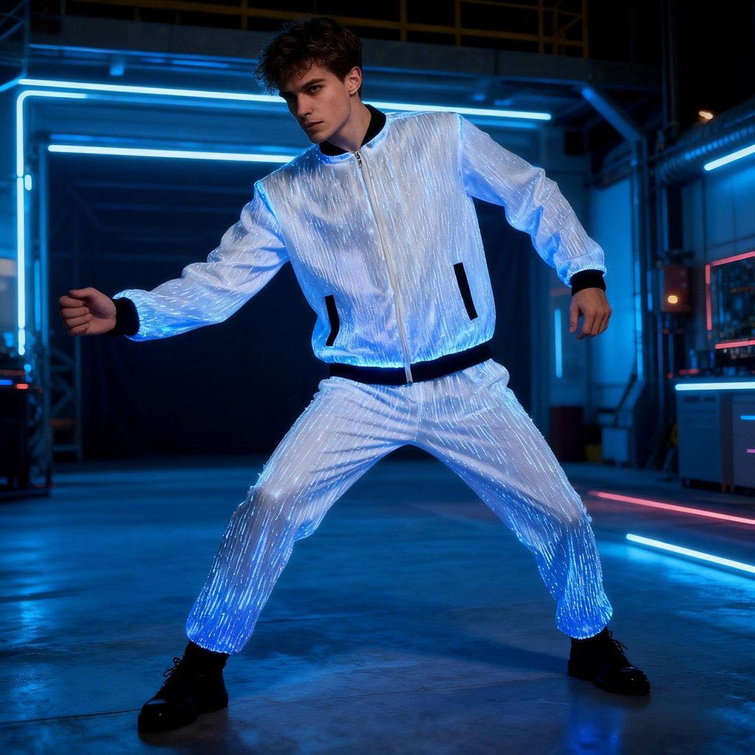 Men's Aurora Spectrum LED Luminous Leisure Suit – Multi-Color Fiber Optic Performance Tracksuit
