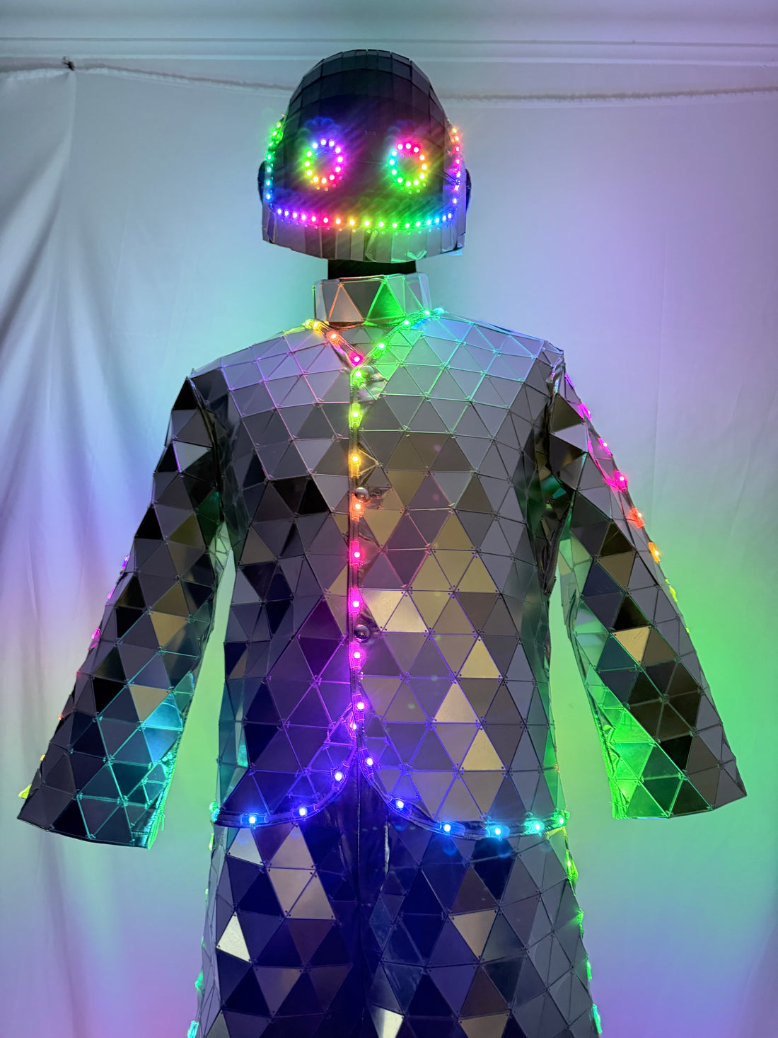 LED Laser Golden Stilts Spaceman Costume Mirror Mask with Colorful Light Effects Street Art Silver Performance Suit