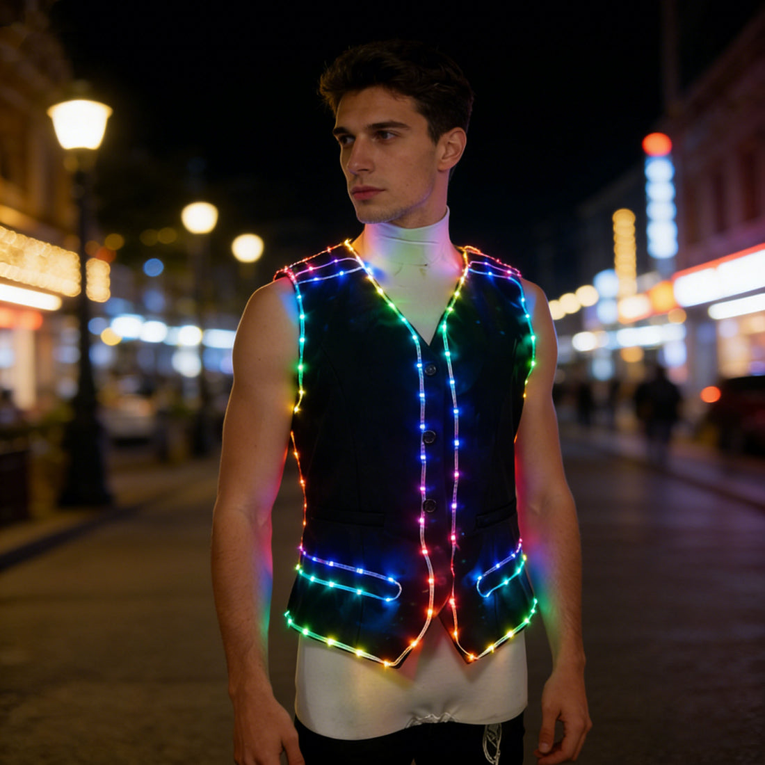 LED Light-Up Black Sleeveless Vest: Colorful Glowing Party Outfit for Night Events Festivals