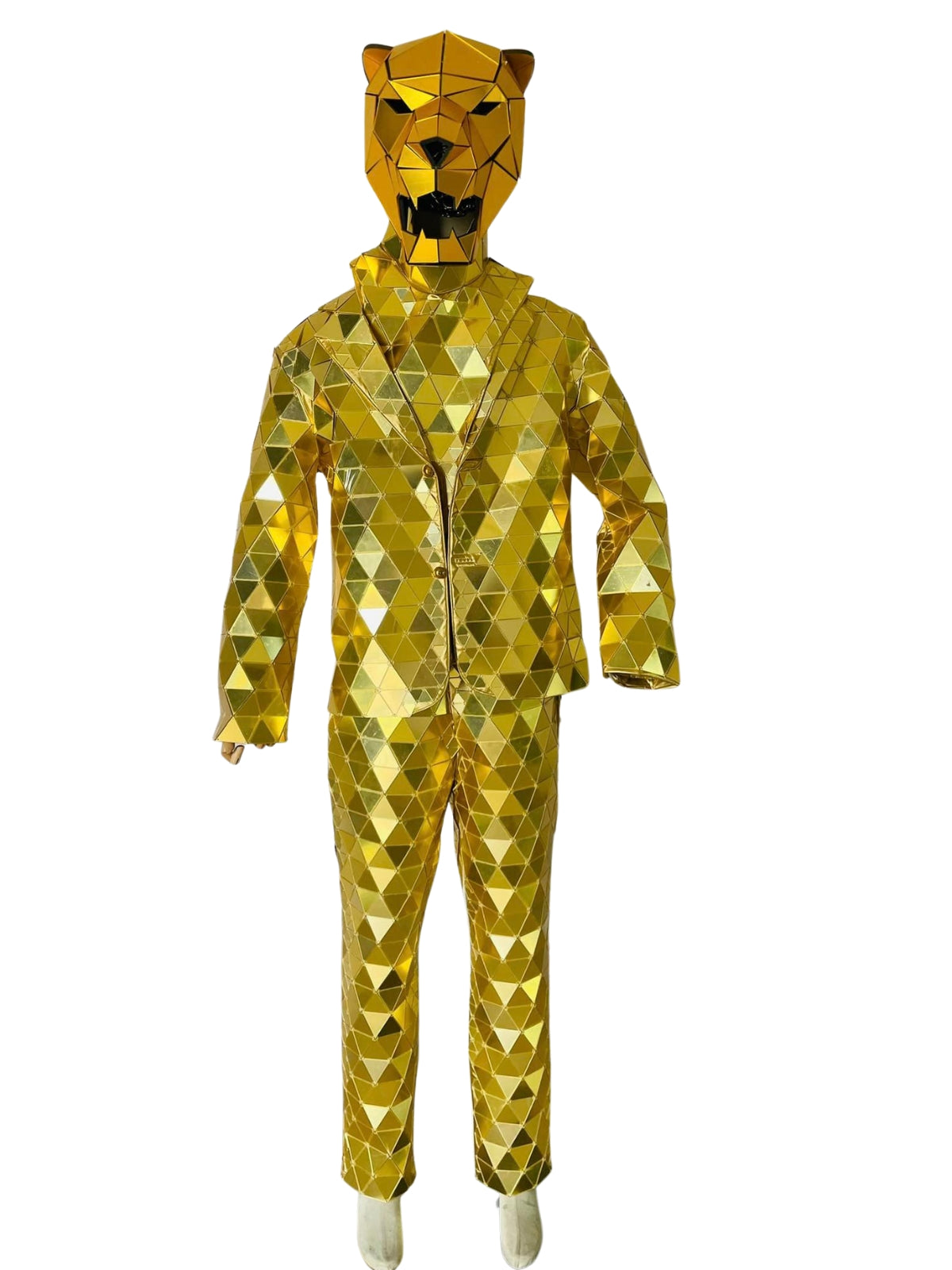 Gold Mirror Man with Lion Helmet for Disco Party DJ Adult Stage Street Costume