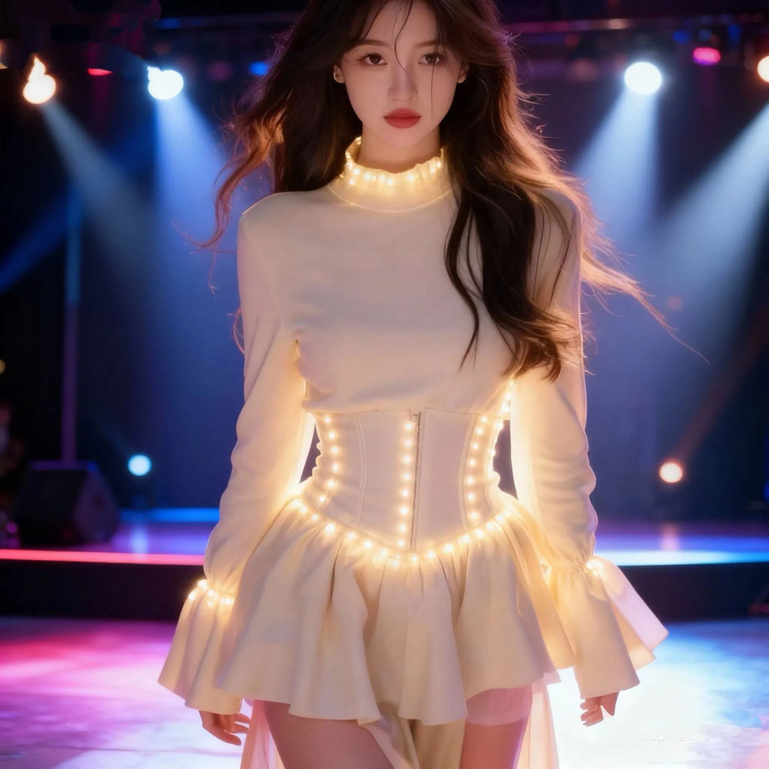 LED Spring Autumn T Shirts Stand Neck Lantern Sleeve Ruffles Solid Color Top Female Slim Tees Fashion Design Elegant Women Cloth