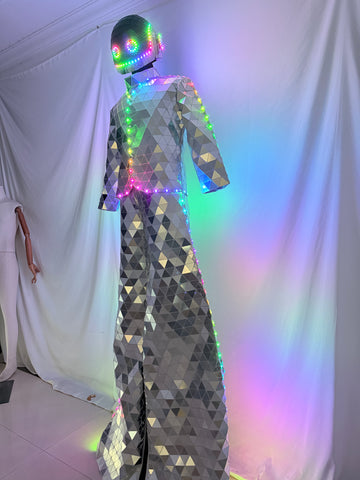 LED Laser Golden Stilts Spaceman Costume Mirror Mask with Colorful Light Effects Street Art Silver Performance Suit