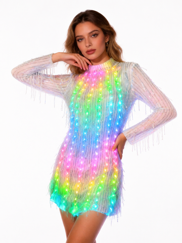Color-Changing LED Fringe Mini Dress, Rainbow Luminous Party Dress with Long Sleeves, Perfect for Nightclub, Festival, Dance Per
