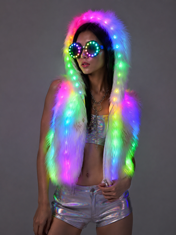Rainbow LED Faux Fur Hooded Vest – Glowing Festival Jacket for EDM Raves, Burning Man, Night Parties & Cosplay