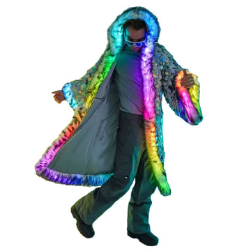 New LED Faux Fur Coat for Men Hooded Comfortable Thickened Winter Coat