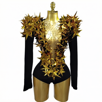 Luxury Gold Starburst Crystal Appliqué Bodysuit with Sculpted Shoulder Design – High-Fashion Statement Performance Outfit