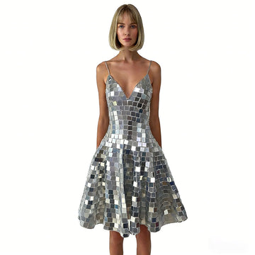 Mirror Tile Silver Women's Spaghetti Strap Deep V-Neck Fitted Flared Mini Party Cocktail Dress