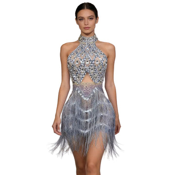 Glittering Stage Attire Crystal Fringe Sequin Gown Female Dazzling Backless Performance Wear for Dance Show Stage Presentation