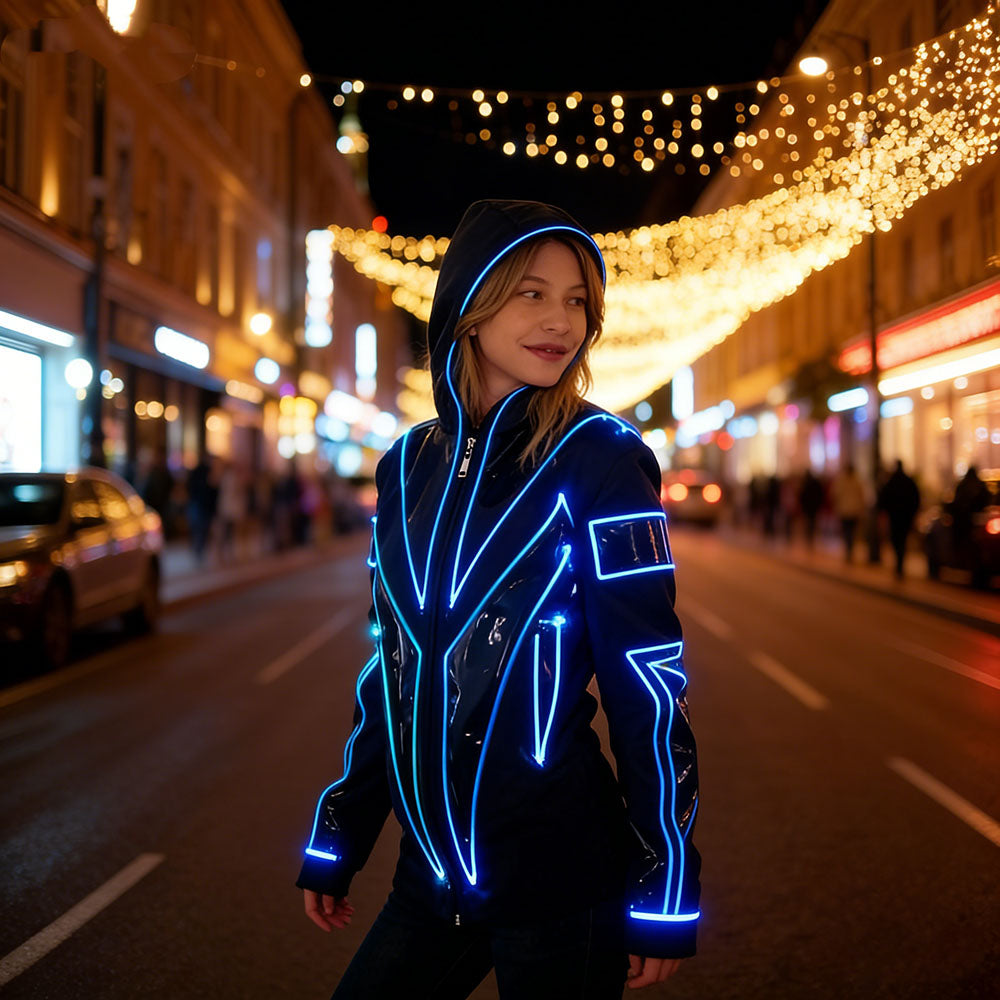 Glowing LED Hooded Jacket for Stage Performance & Festival | Cyberpunk Style Women's Night Outwear