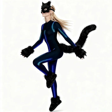 LED Luminous Catwoman Full-Body Suit with Plush Ears & Tail | Glowing Tech-Themed Rave Cosplay Costume