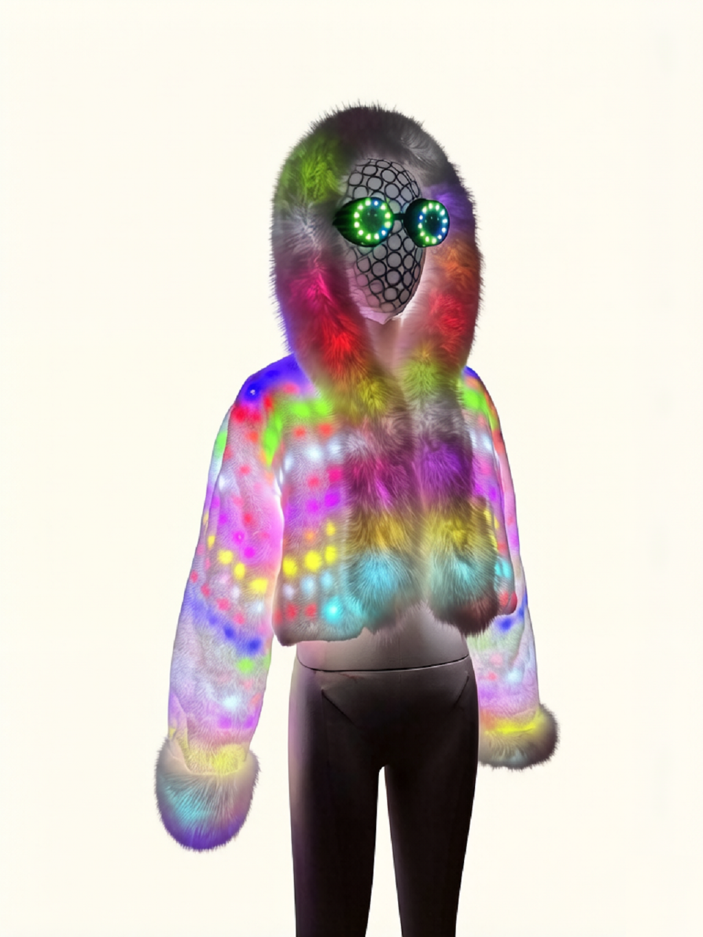 Women's LED Light-Up Colorful Faux Fur Jacket Hooded Zip-Up Short Coat with Fuzzy Cuffs for Rave Festival Party Clubwear
